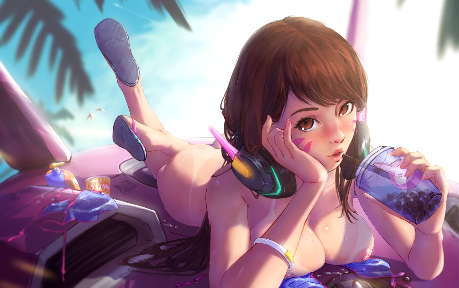 d.va headphones mitsu_(mitsu_art) naked nipples overwatch tan_lines