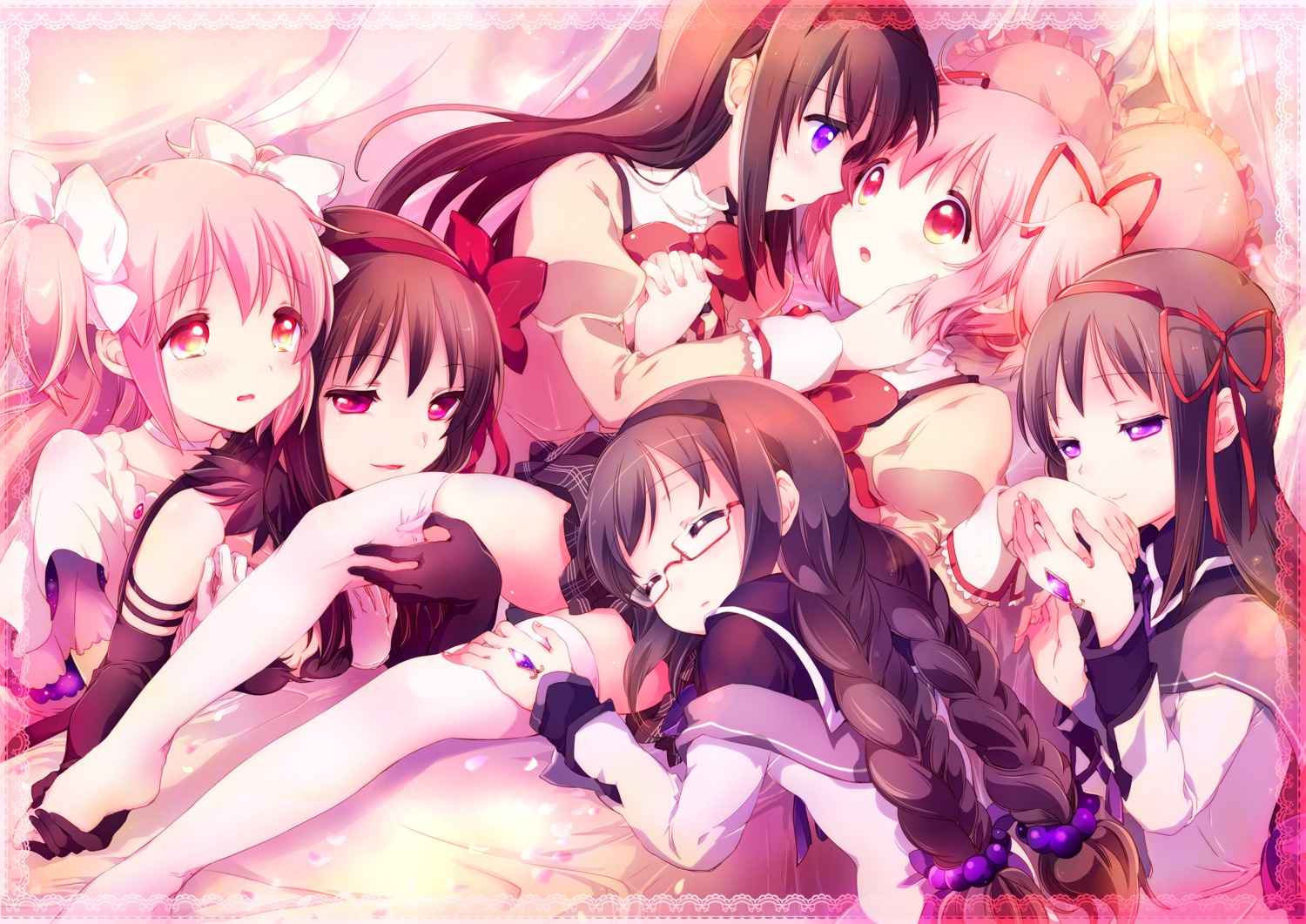 akemi_homura kaname_madoka megane puella_magi_madoka_magica seifuku thighhighs ultimate_madoka yamada_ako yuri