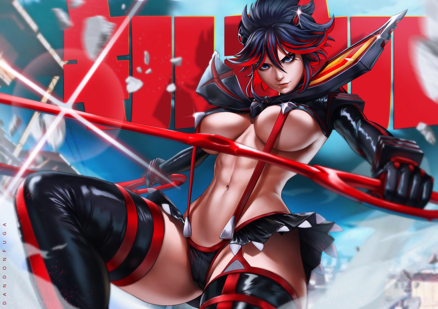 dandon_fuga kill_la_kill matoi_ryuuko no_bra seifuku senketsu skirt_lift stockings thighhighs weapon