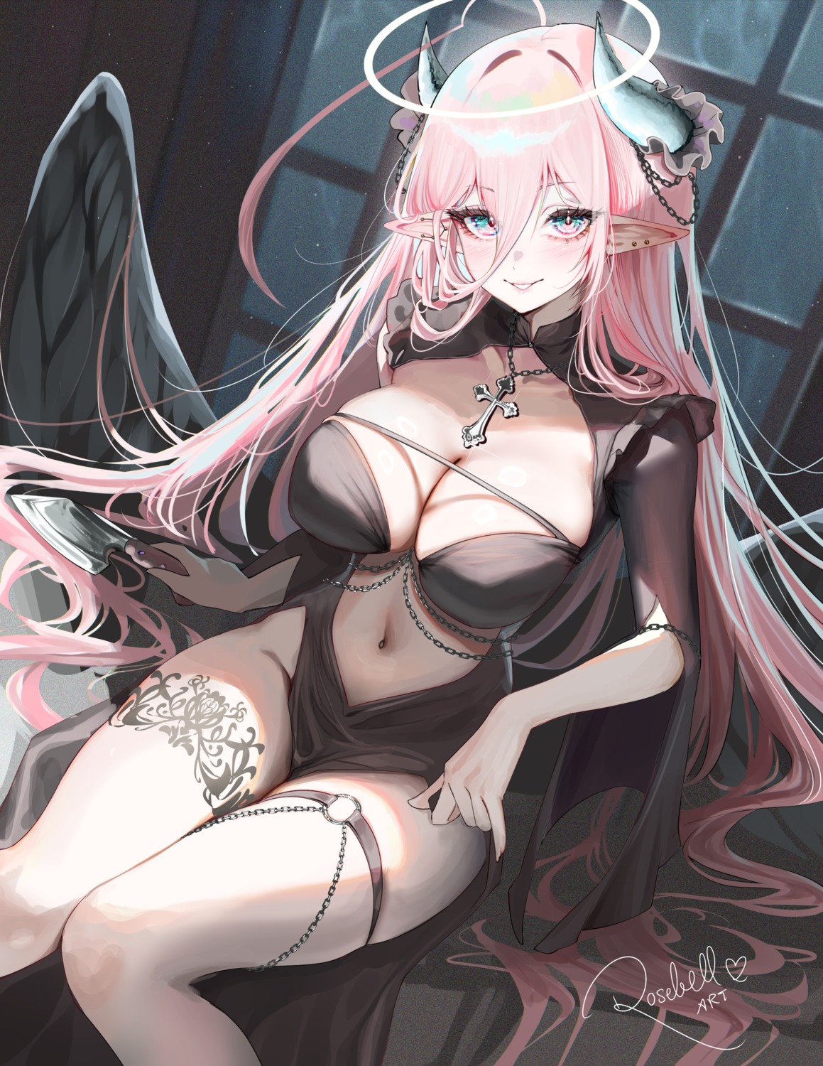 dress garter halo horns no_bra nopan pointy_ears rosebell tattoo weapon wings