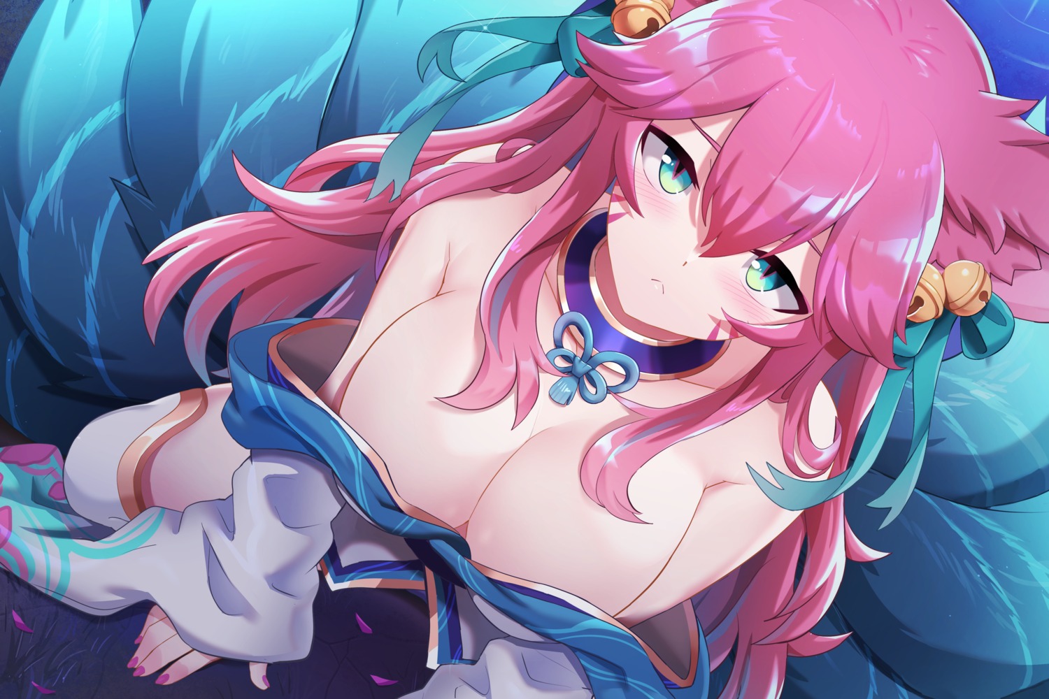 ahri animal_ears breasts japanese_clothes kitsune league_of_legends no_bra open_shirt sollyz tail thighhighs