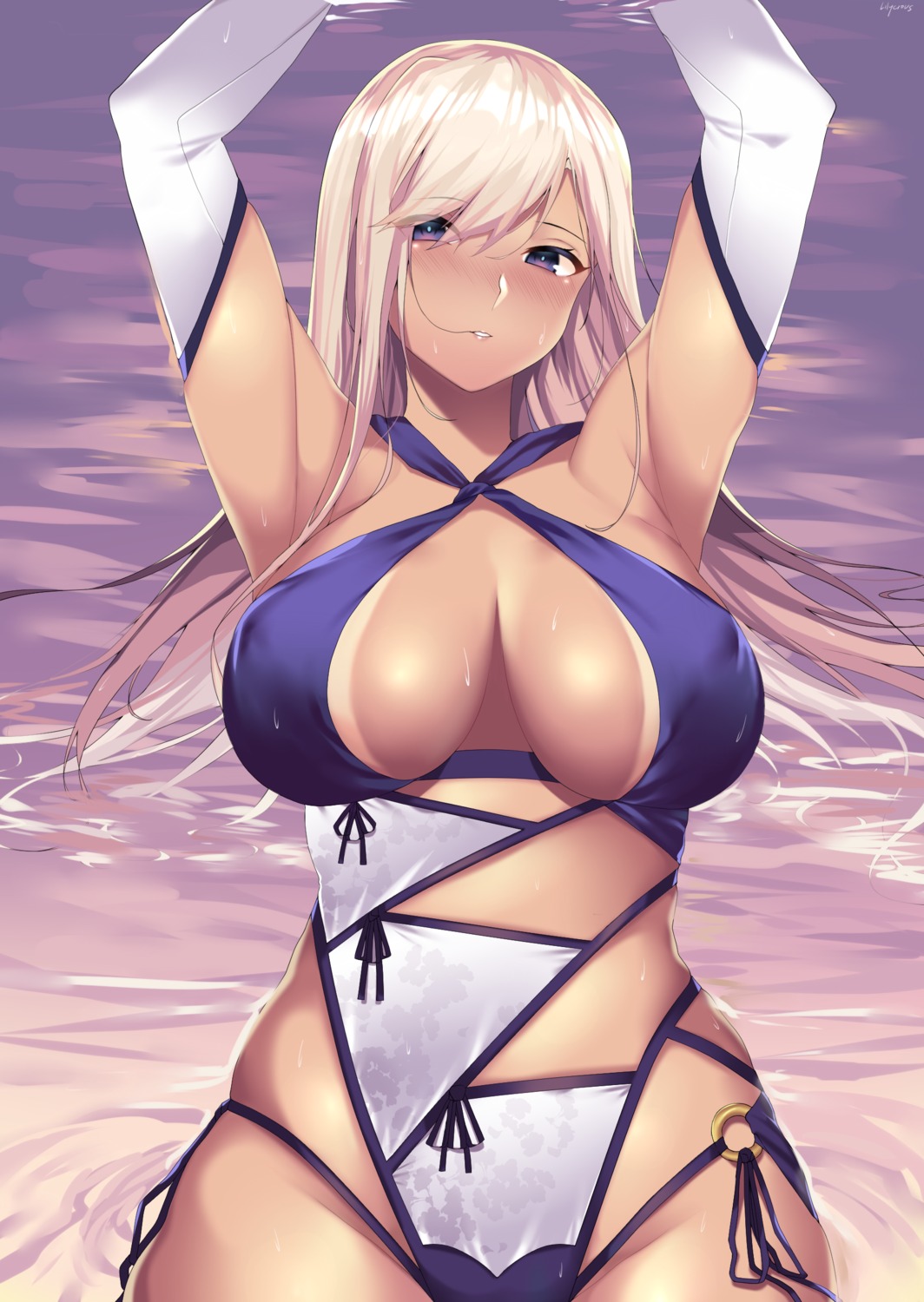 erect_nipples fate/grand_order lilycious miyamoto_musashi_(fate/grand_order) swimsuits tan_lines wet