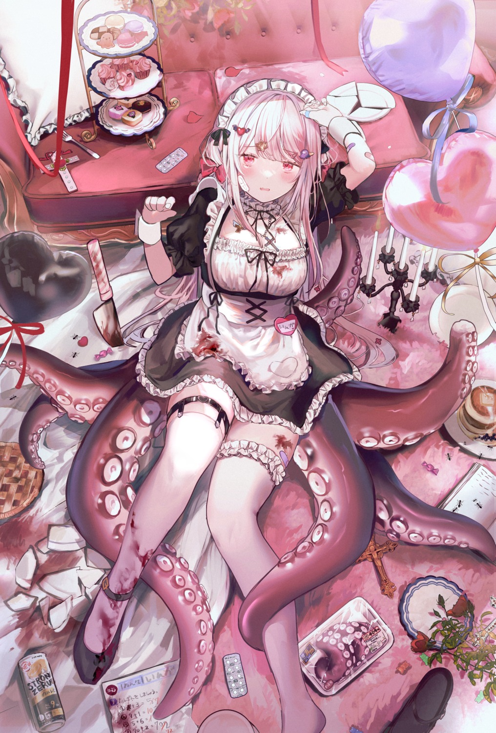 bandaid blood feet garter guro maid skirt_lift stockings tentacles thighhighs weapon youka