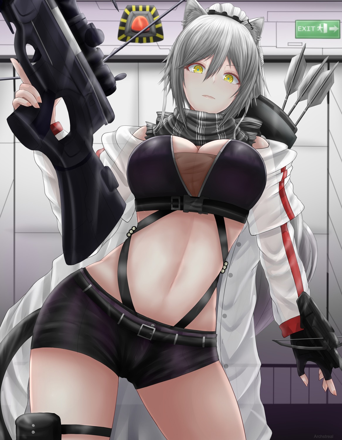 animal_ears archstreal arknights garter gun open_shirt schwarz_(arknights) see_through tail