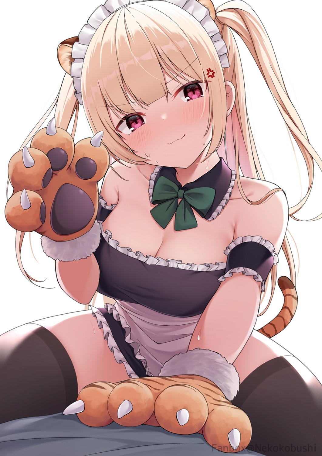 animal_ears cleavage maid nekokobushi no_bra skirt_lift tail thighhighs