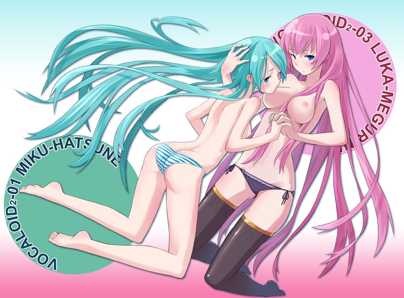 hatsune_miku megurine_luka mofu nipples pantsu shimapan topless vocaloid yuri