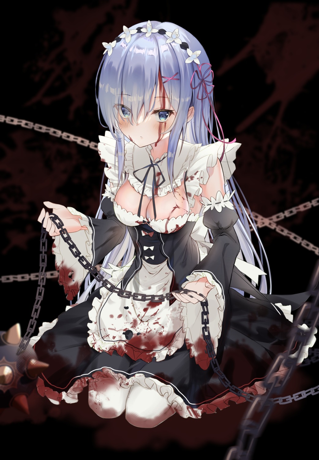 azusa_(980650076) blood maid no_bra re_zero_kara_hajimeru_isekai_seikatsu rem_(re_zero) weapon