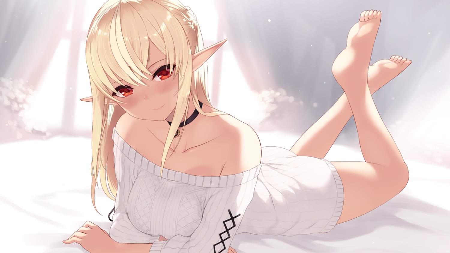 cait cleavage dress feet hololive open_shirt pointy_ears shiranui_flare sweater wallpaper