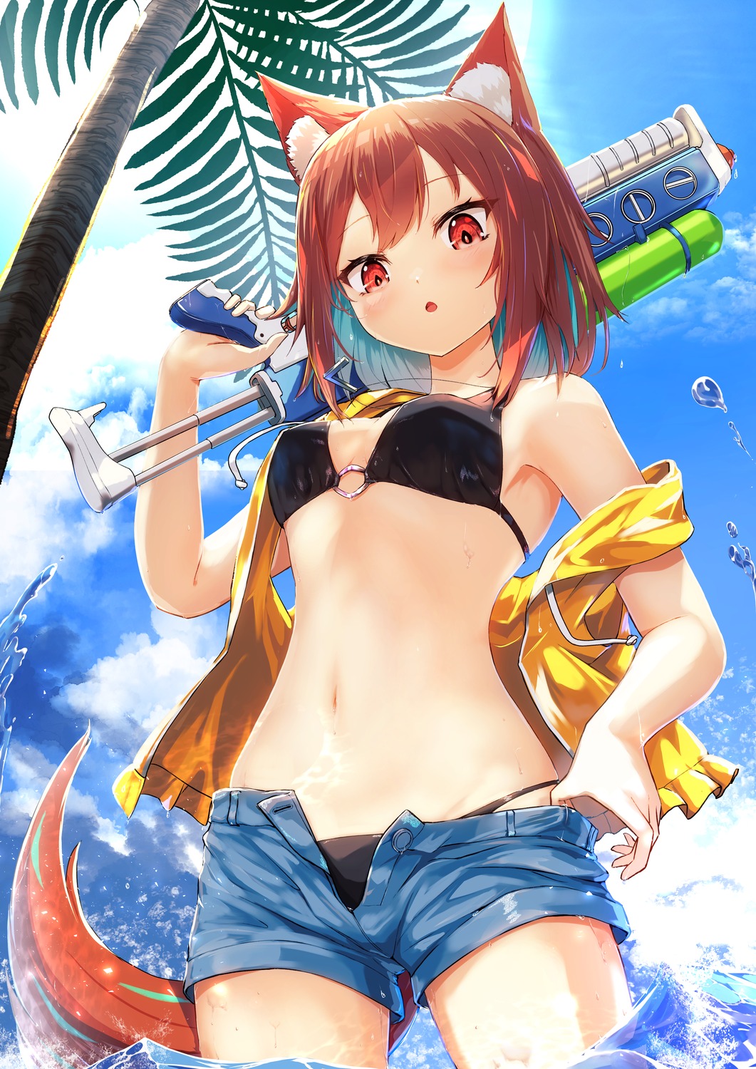 animal_ears bikini erect_nipples gun namacotan open_shirt swimsuits tail undressing wet