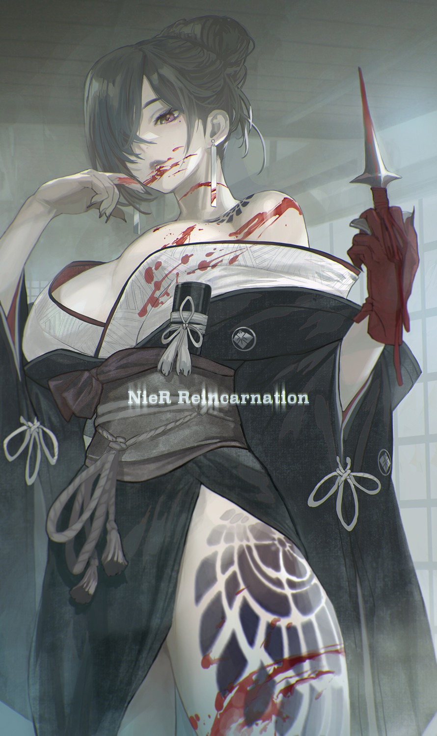 akeha blood kimono maeshima_shigeki nier nier_reincarnation no_bra open_shirt tattoo weapon