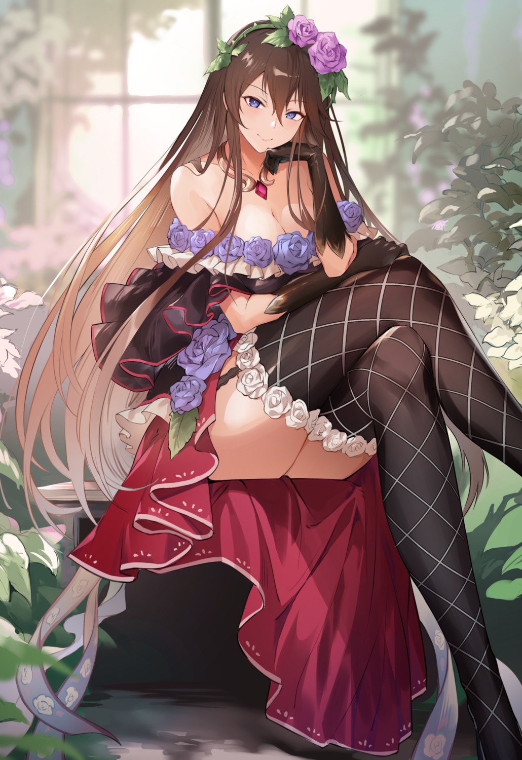 dress granblue_fantasy no_bra nr_noir rosetta_(granblue_fantasy) skirt_lift stockings thighhighs