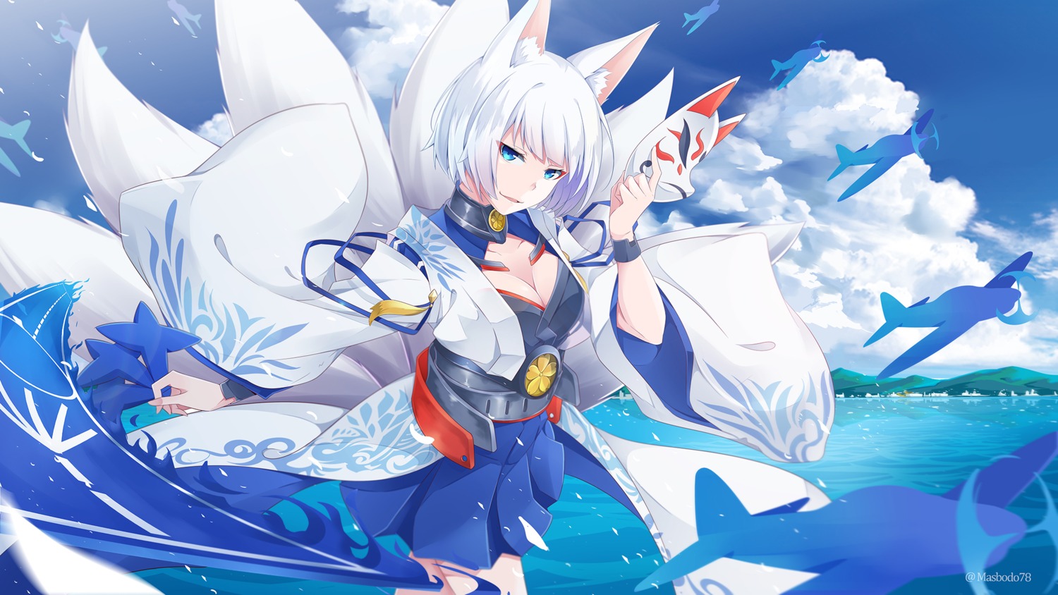 animal_ears azur_lane cleavage japanese_clothes kaga_(azur_lane) kitsune masabodo tail