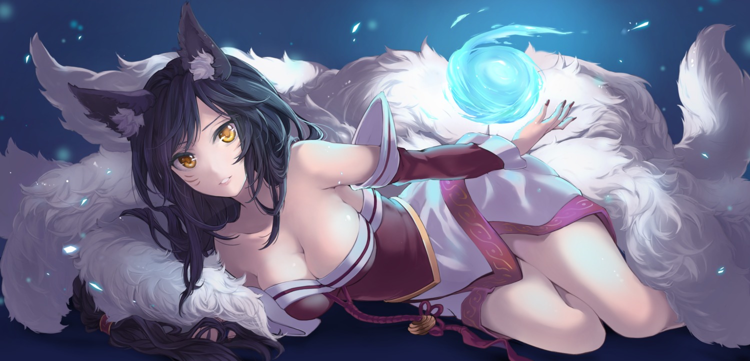 ahri animal_ears cleavage kitsune league_of_legends no_bra riffey tail