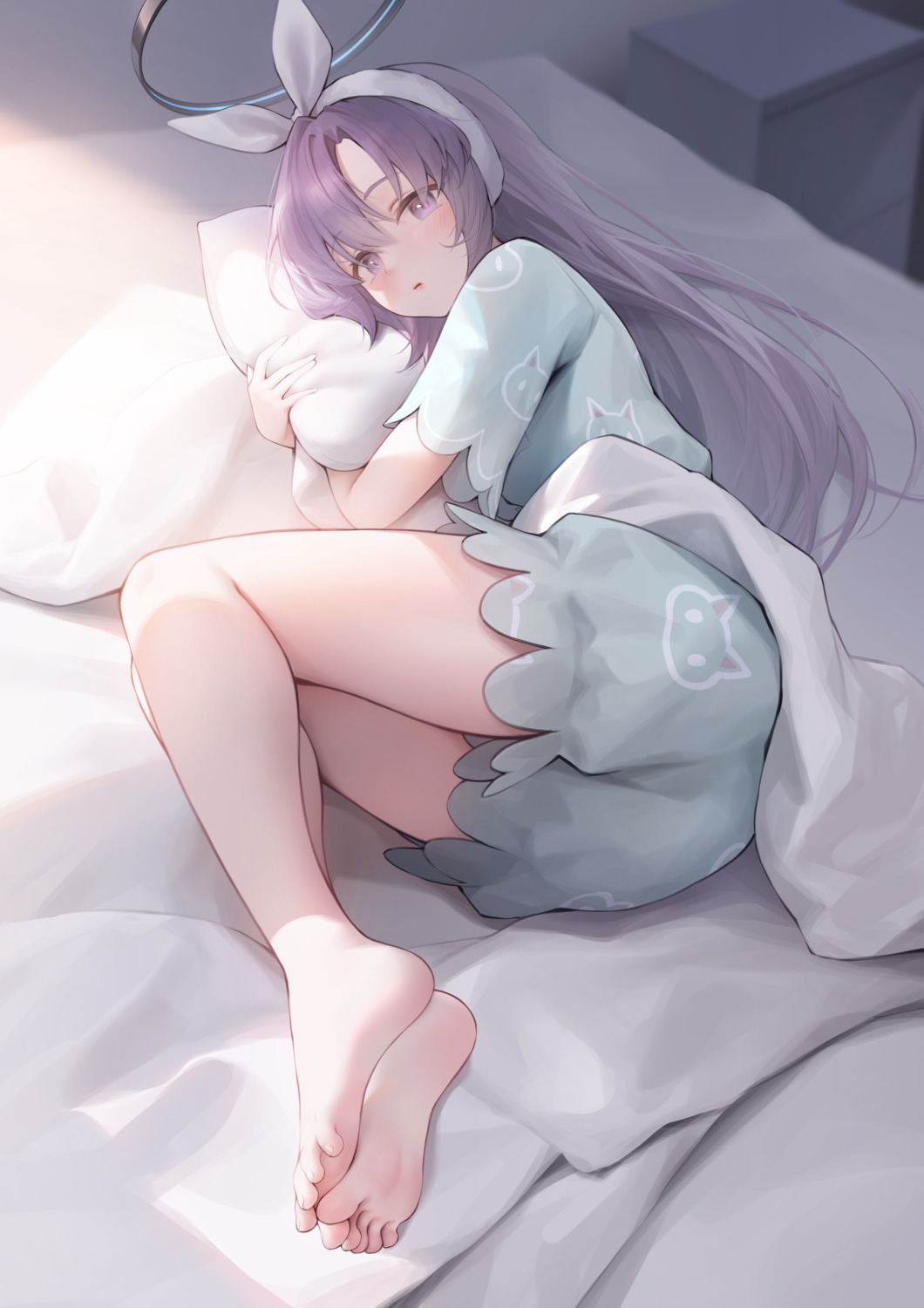 ass blue_archive feet halo hayase_yuuka pajama risa_(pixiv23908854) sheets