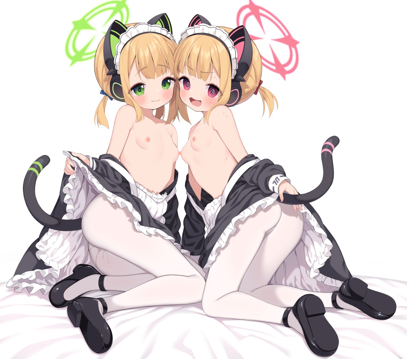 animal_ears ass blue_archive breasts halo headphones loli maid muku_(muku-coffee) nekomimi nipples no_bra open_shirt pantyhose pussy_juice saiba_midori saiba_momoi skirt_lift tail