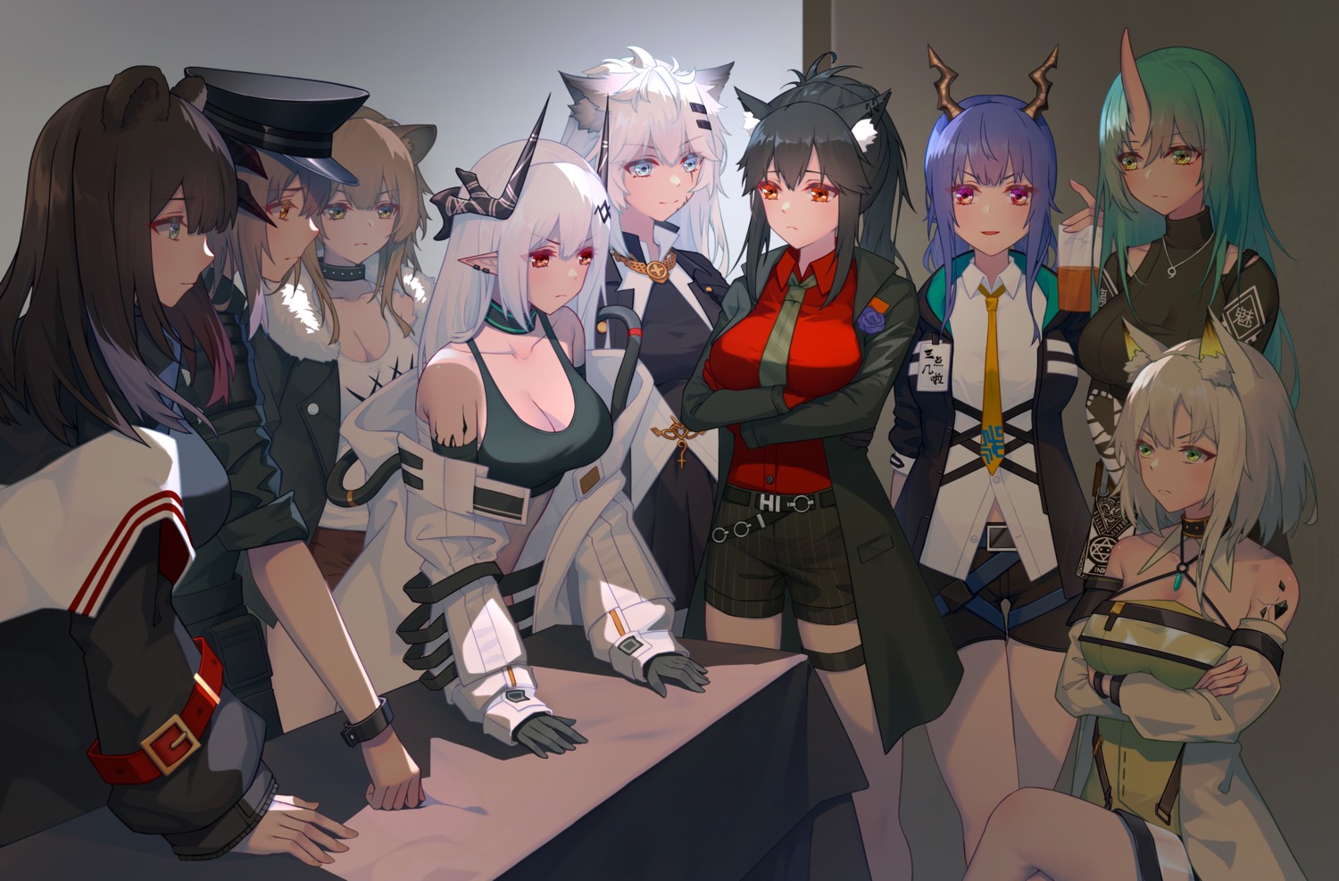 animal_ears arknights ch'en_(arknights) cleavage garter heiyizhushenxia horns hoshiguma_(arknights) kal'tsit_(arknights) lappland_(arknights) mudrock_(arknights) pointy_ears saria_(arknights) see_through siege_(arknights) texas_(arknights) zima_(arknights)