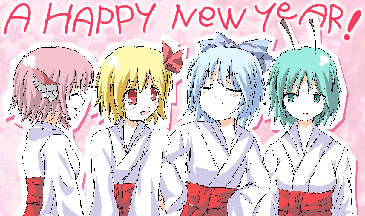 cirno japanese_clothes mystia_lorelei rumia tamago_gohan touhou wriggle_nightbug