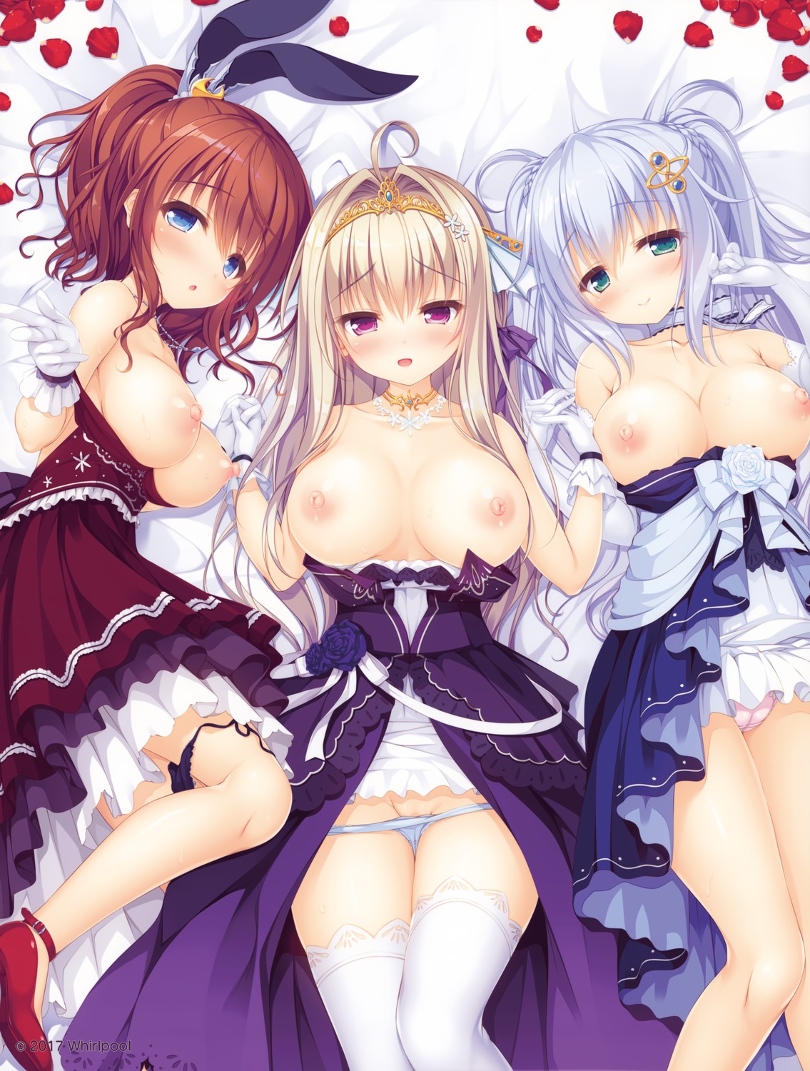 animal_ears breasts bunny_ears cameltoe crossover dress hatsujou_sprinkle kujiragami_no_tearstilla kururu_(world_election) meidou_hazuki mikagami_mamizu nipples no_bra open_shirt pantsu panty_pull skirt_lift tenkawa_mitsuki thighhighs whirlpool world_election