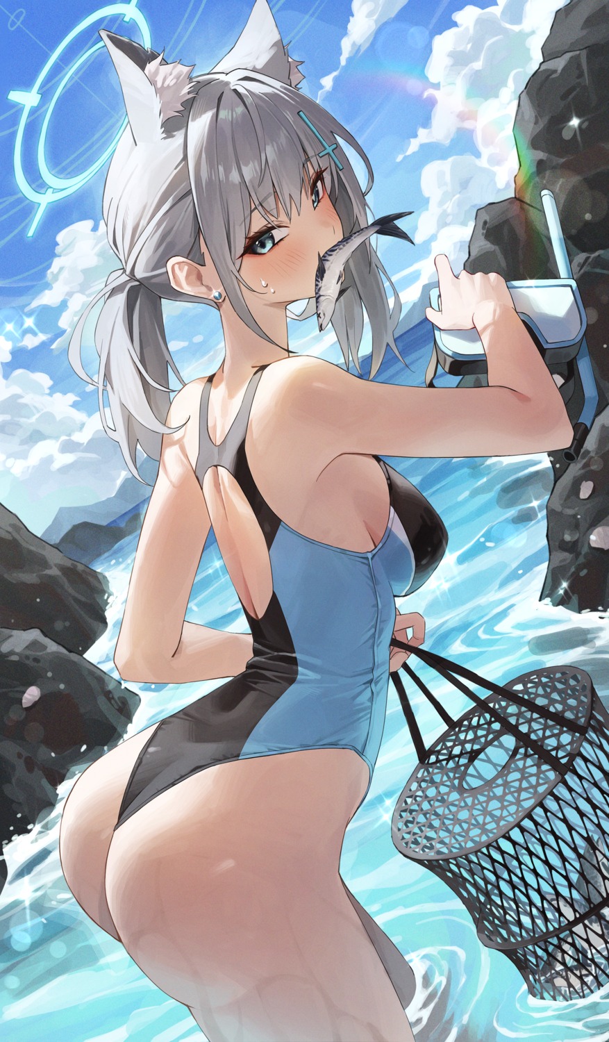 animal_ears ass blue_archive halo nekomimi netural sunaookami_shiroko swimsuits wet