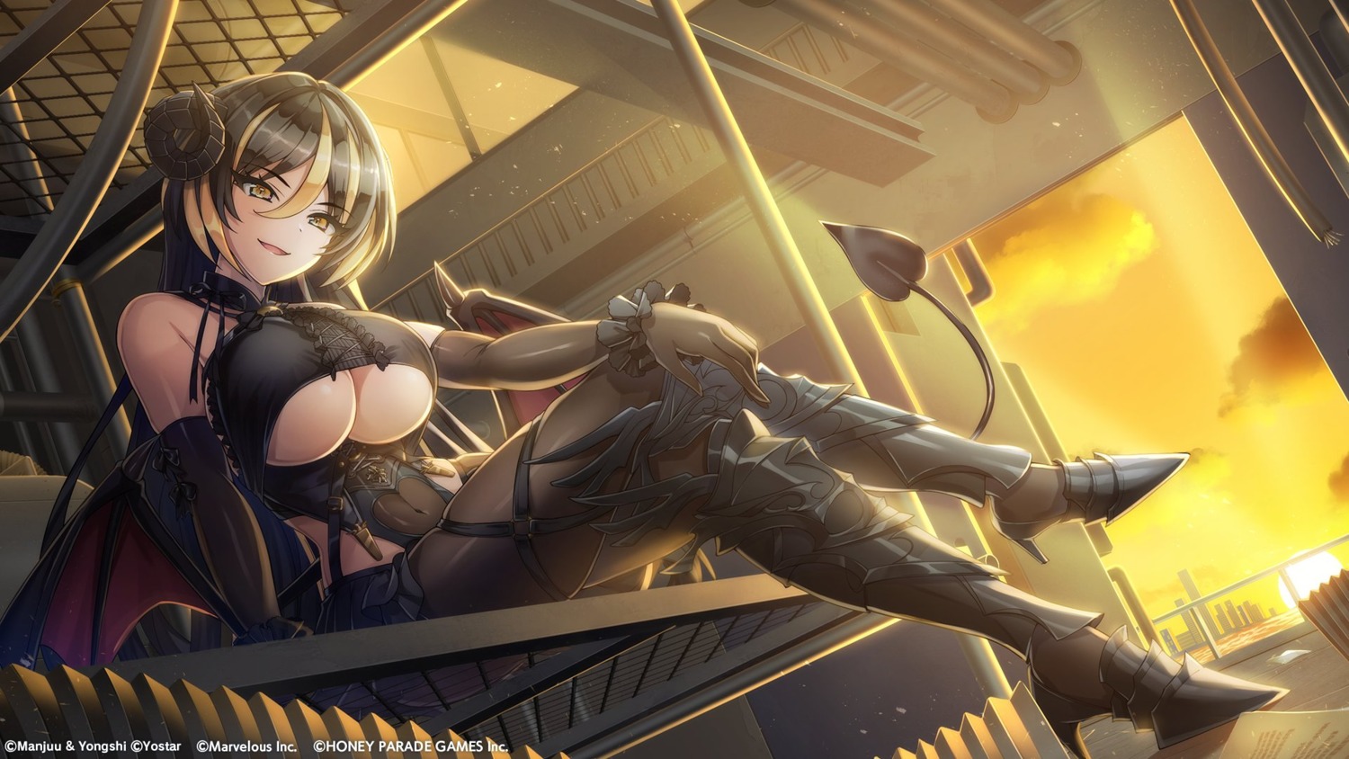 amadea_wolfa armor cosplay devil dolphin_wave heels hindenburg_(azur_lane) horns leotard no_bra number2 pantyhose tail takuji wallpaper wings