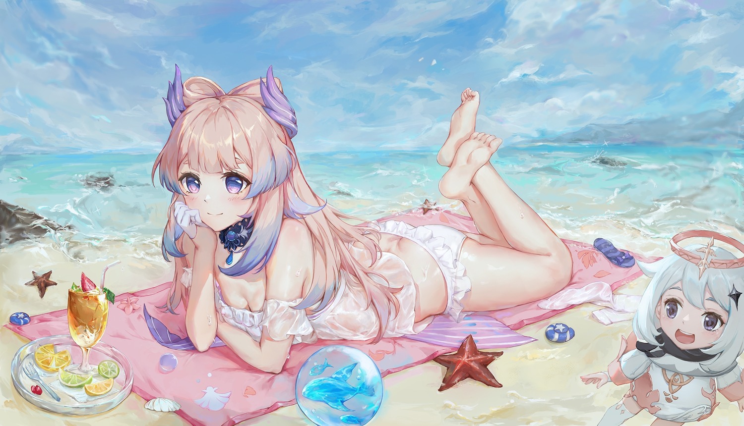 bikini feet genshin_impact mkice sangonomiya_kokomi see_through swimsuits thighhighs wet_clothes