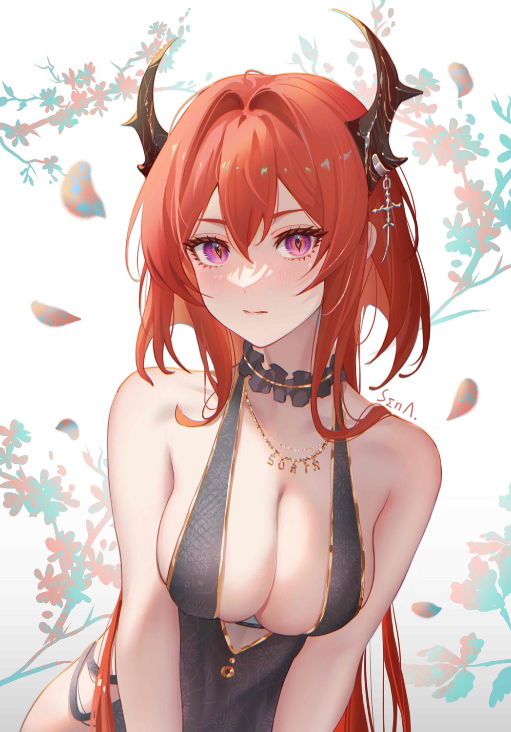 arknights dress horns no_bra senamashiro surtr_(arknights)