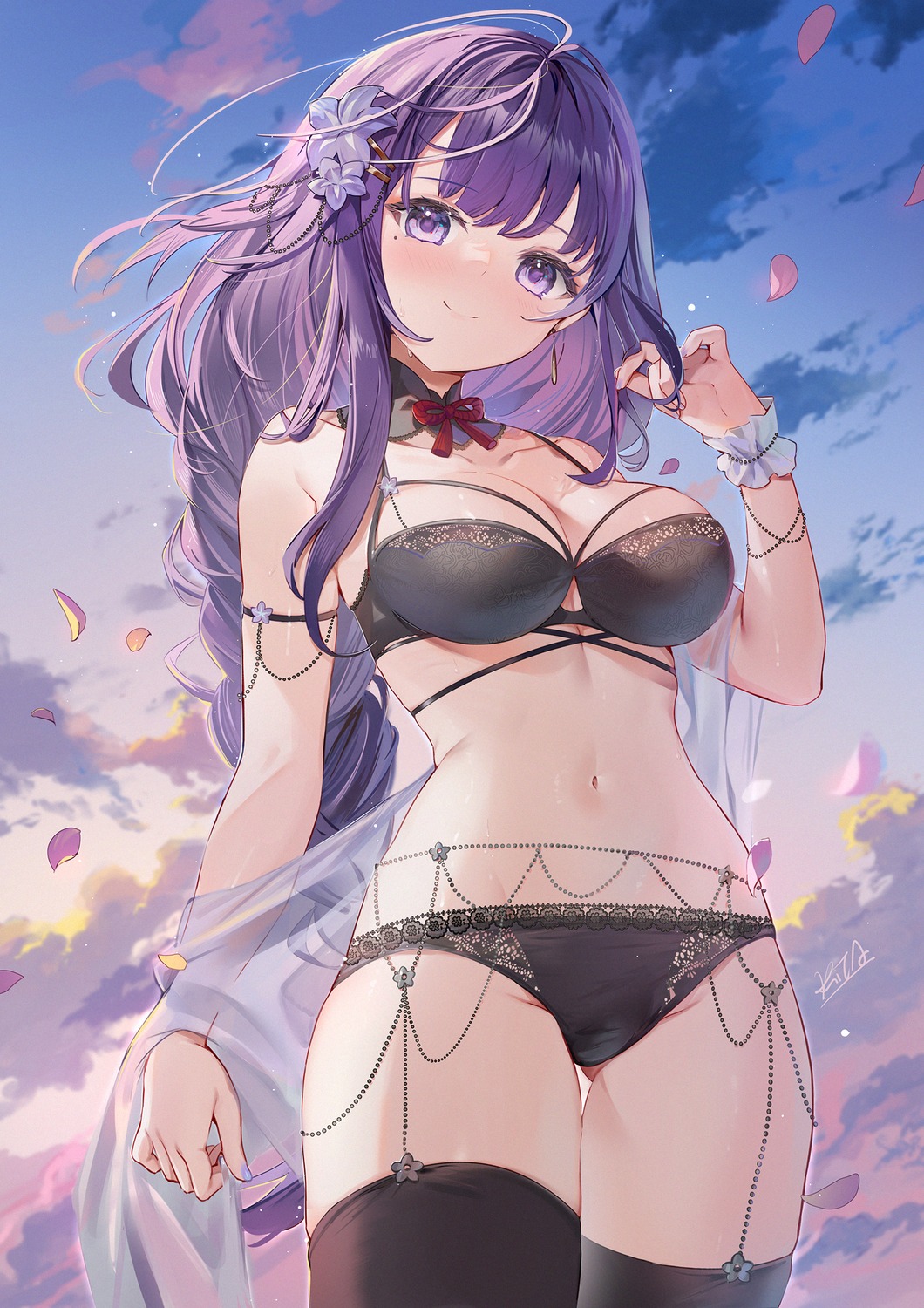 bra garter_belt genshin_impact kita_(kitairoha) lingerie pantsu raiden_shogun see_through stockings thighhighs