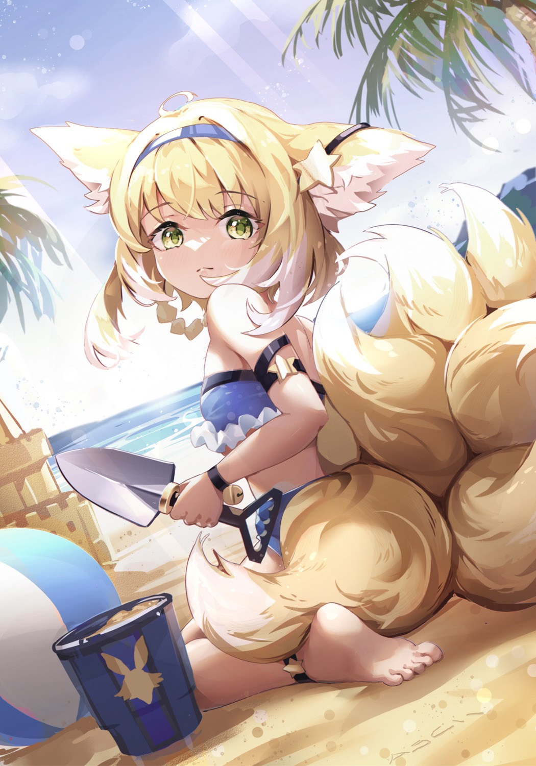 animal_ears arknights asc11 bikini feet kitsune suzuran_(arknights) swimsuits tail