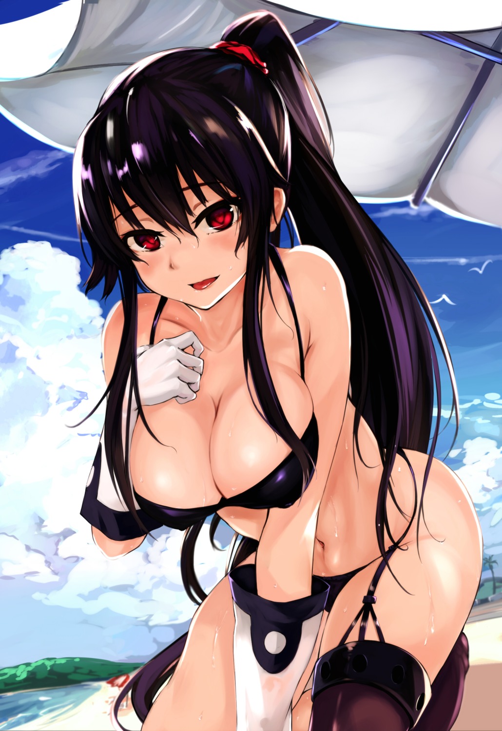 aramaki_echizen bikini cleavage erect_nipples kantai_collection stockings swimsuits thighhighs yahagi_(kancolle)