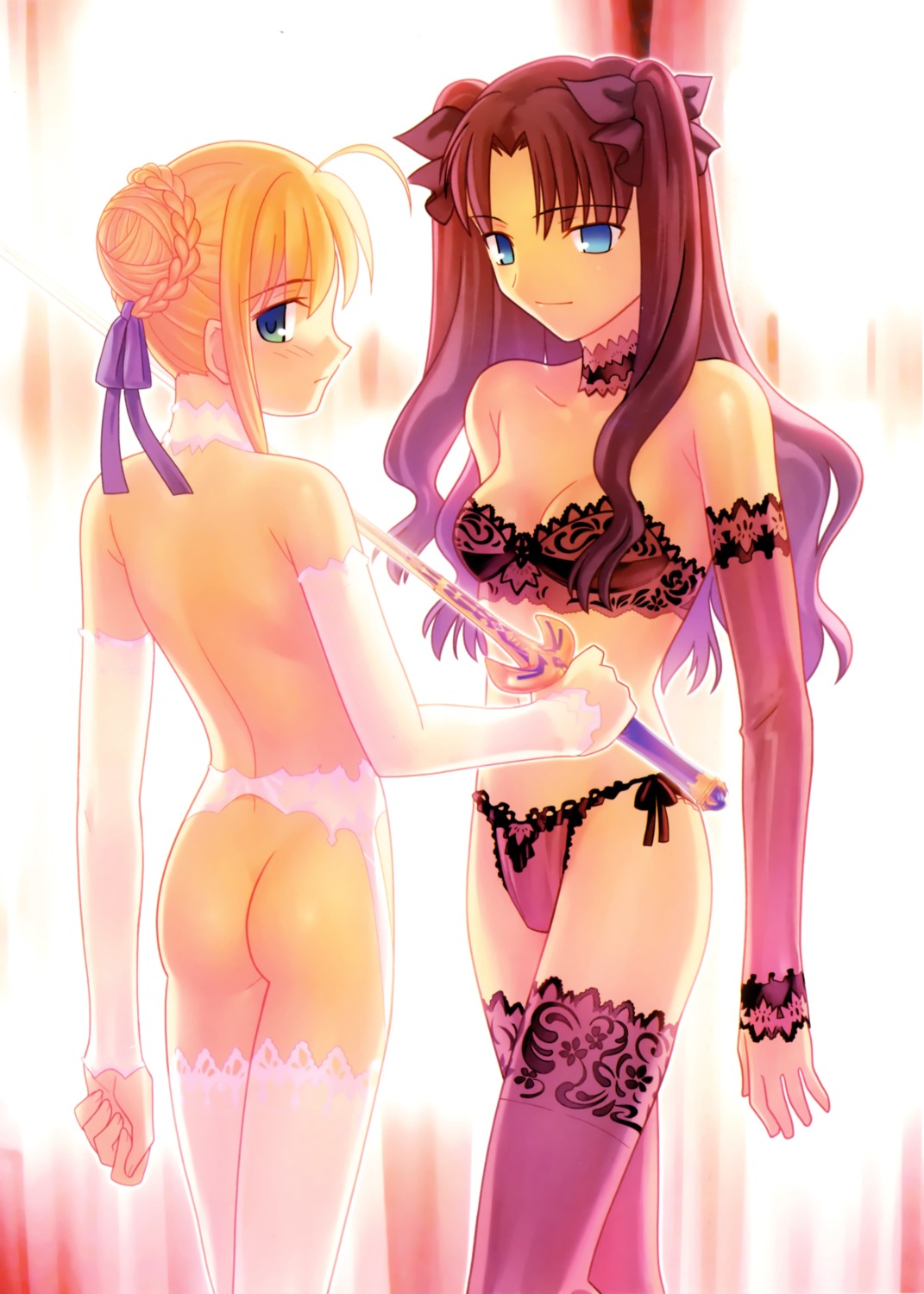 ass bra cleavage fate/stay_night garter_belt lingerie naked pantsu saber stockings string_panties sword takeuchi_takashi thighhighs toosaka_rin topless type-moon