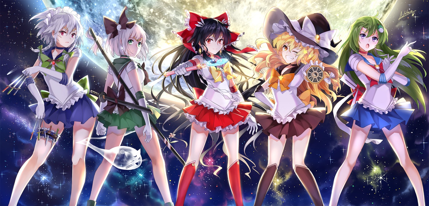 cosplay hakurei_reimu izayoi_sakuya kirisame_marisa kochiya_sanae konpaku_youmu neko_(yanshoujie) parody sailor_moon sword touhou weapon