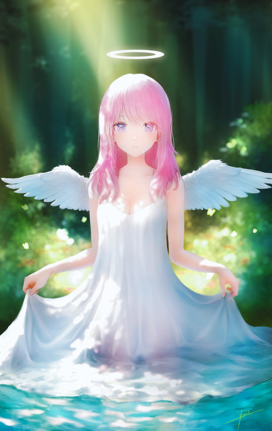 angel artist_revision cleavage dress no_bra nopan ojay_tkym see_through skirt_lift wet wet_clothes wings