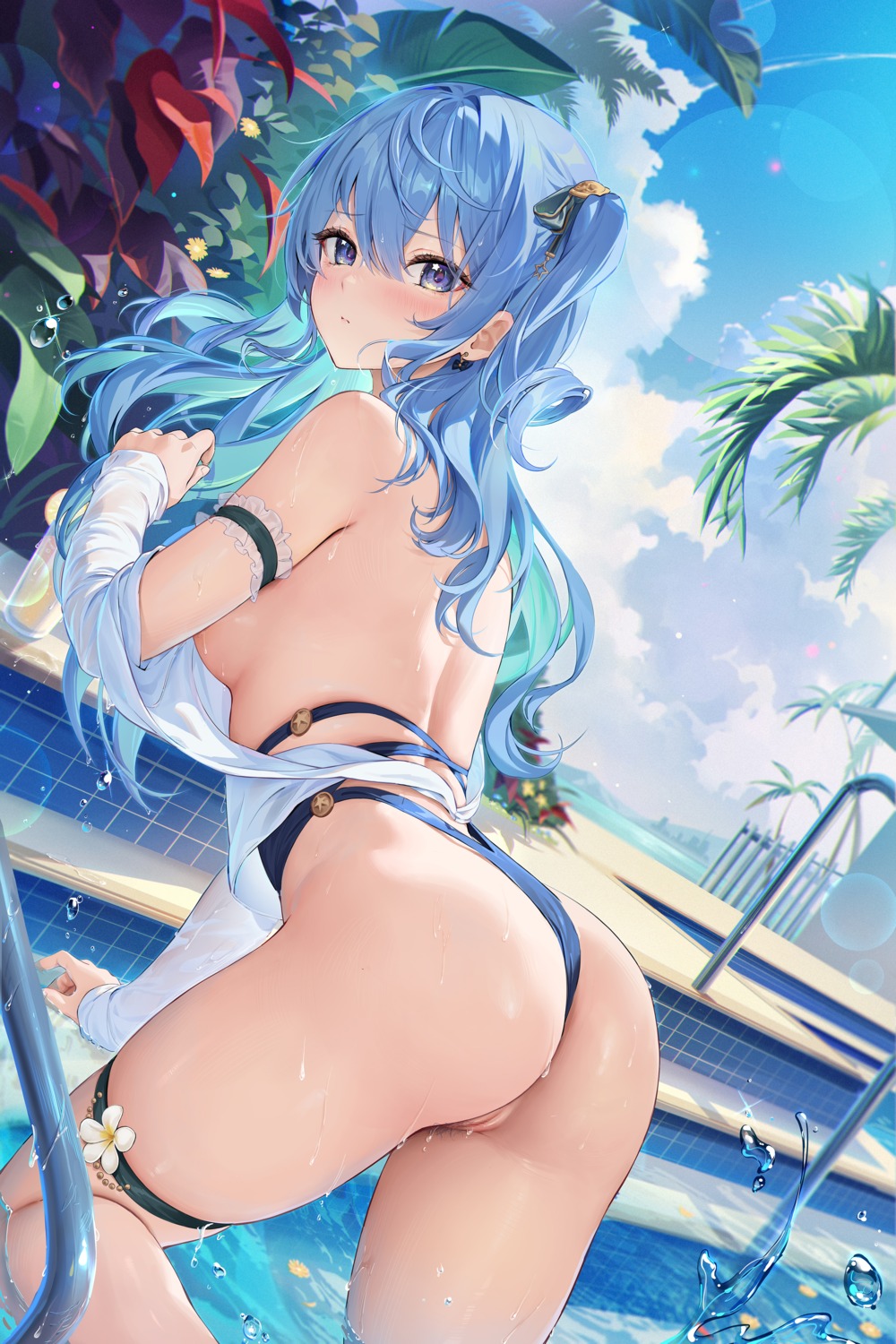 ass bikini censored garter hololive hoshimachi_suisei houkisei no_bra panty_pull pubic_hair pussy see_through swimsuits thong wet wet_clothes