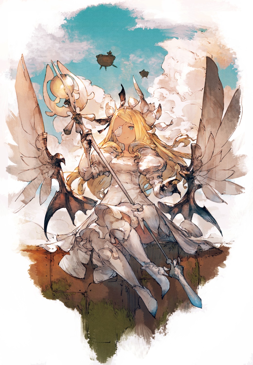 dress eyepatch granblue_fantasy heels junwool thighhighs weapon wings