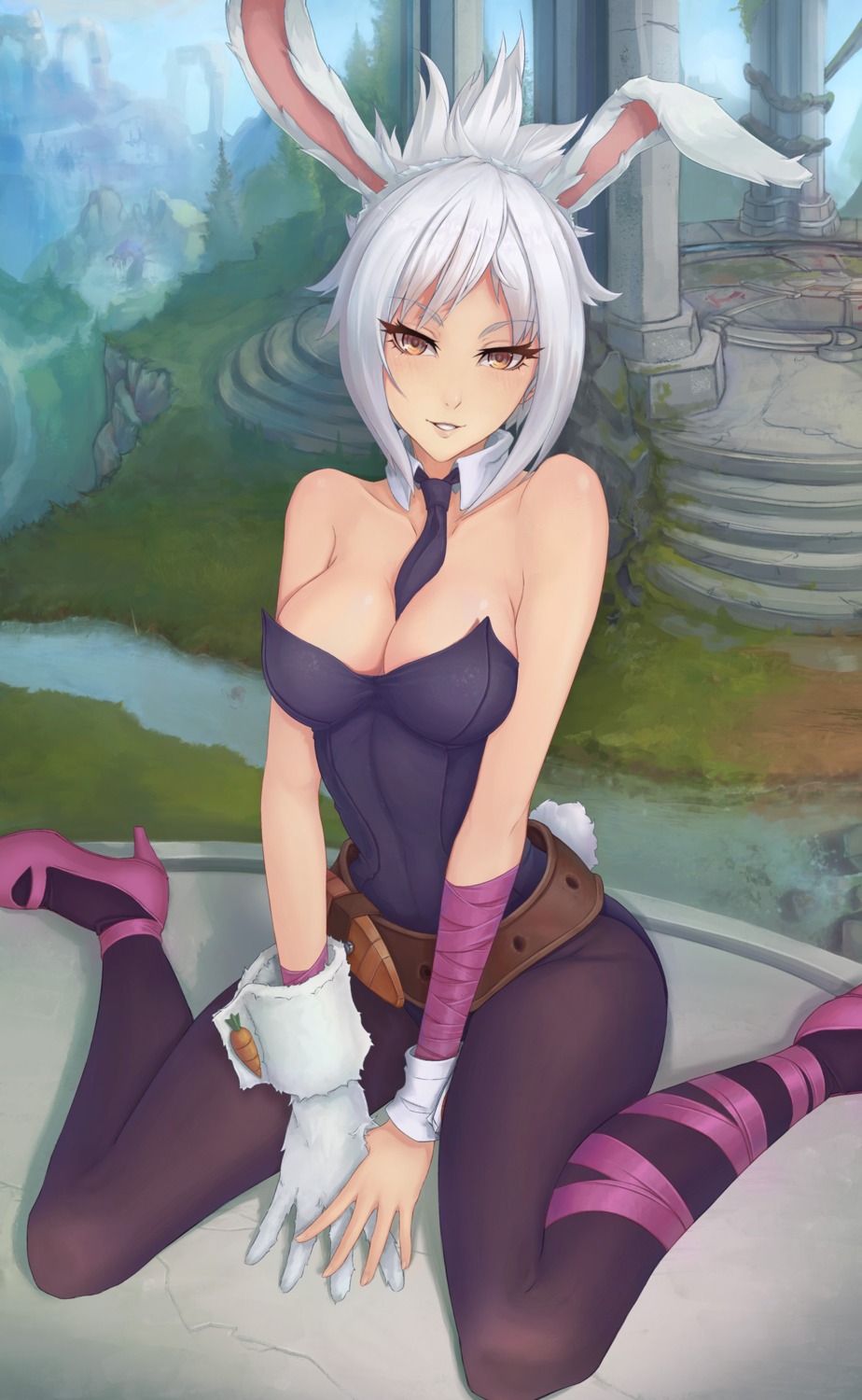 animal_ears bunny_ears bunny_girl cleavage heels league_of_legends pantyhose riven_(league_of_legends) tail unsomnus