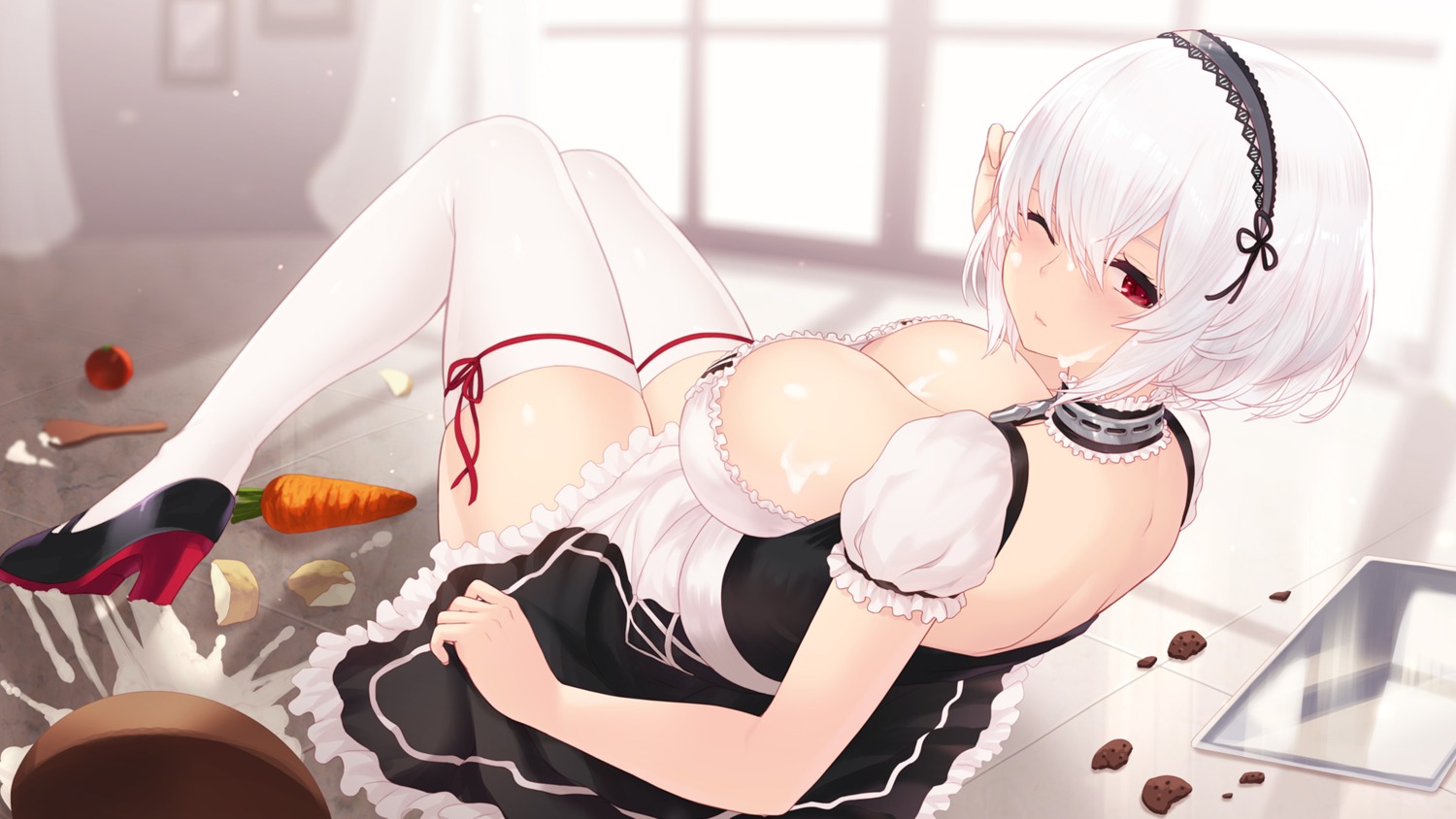 azur_lane cait cleavage cream heels maid no_bra sirius_(azur_lane) skirt_lift thighhighs wallpaper