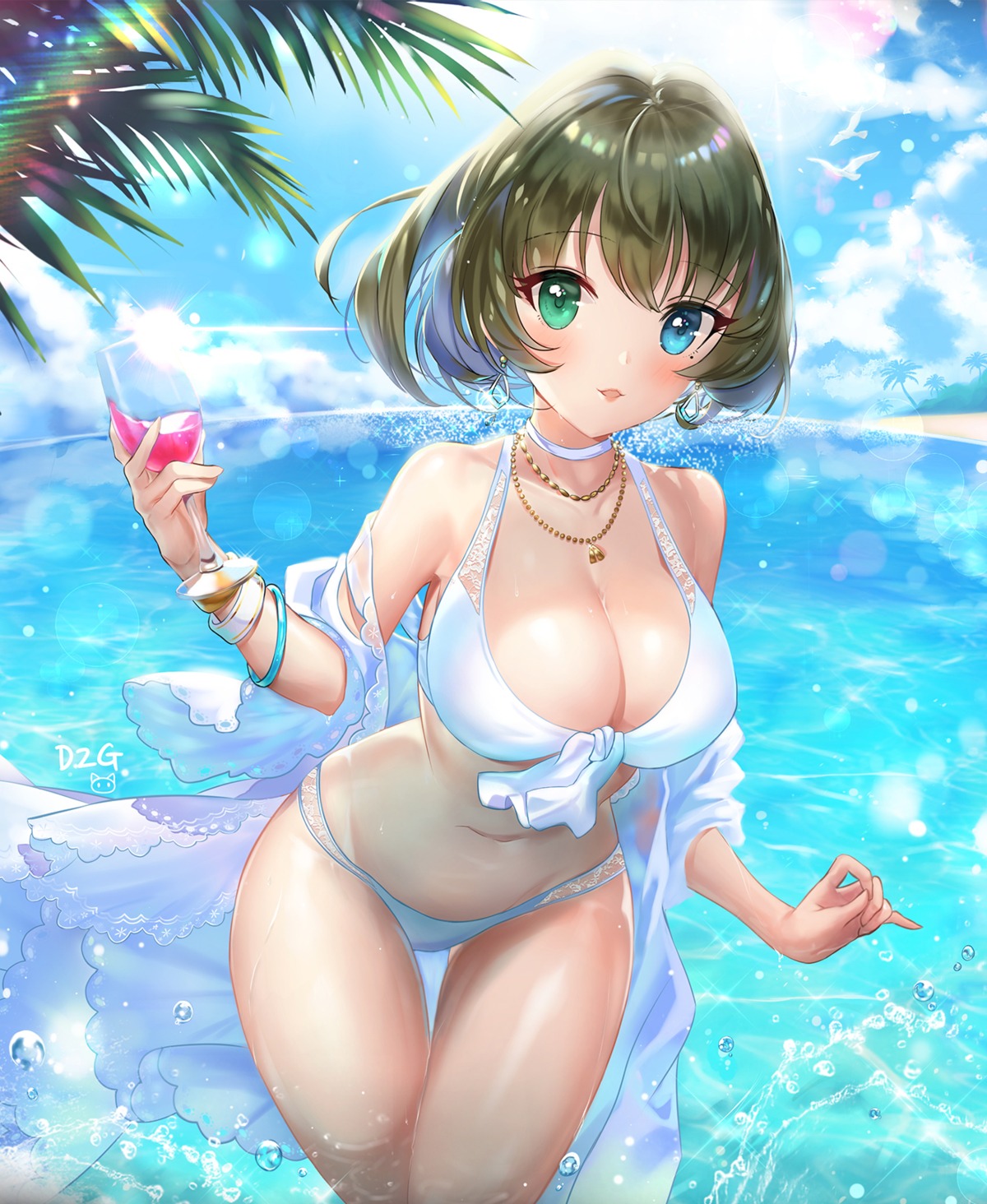 bikini cleavage heterochromia open_shirt pass35 see_through swimsuits takagaki_kaede the_idolm@ster the_idolm@ster_cinderella_girls wet