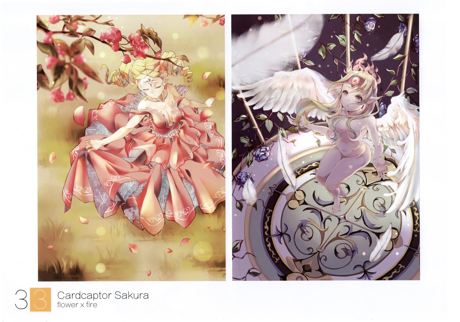 card_captor_sakura cheese_kang cleavage dress naked no_bra pointy_ears skirt_lift wings