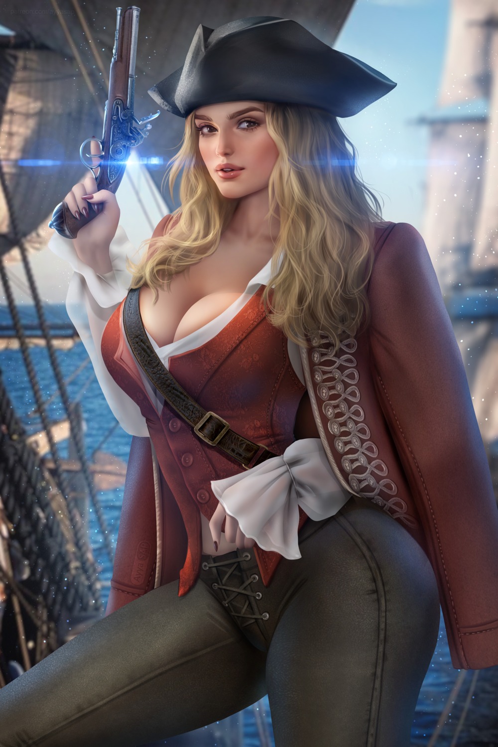 ayyasap cleavage elizabeth_swann gun no_bra open_shirt pirate pirates_of_the_caribbean