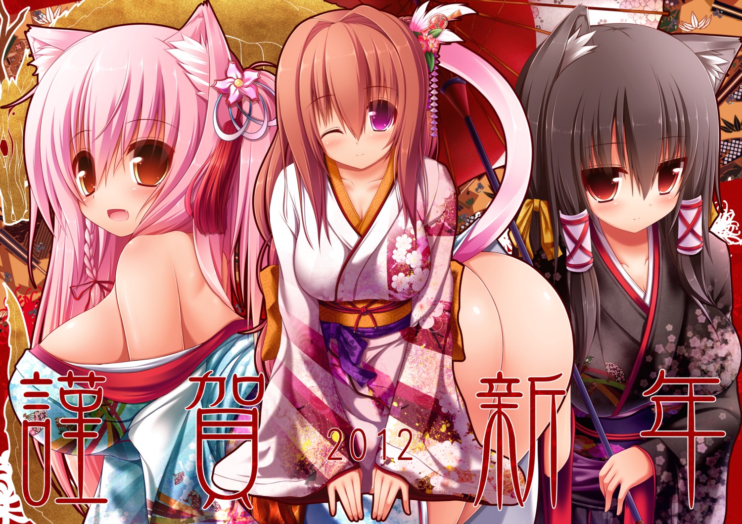 animal_ears ass cassini_m_bisuko cleavage kimono mia_flatpaddy nekomimi shia_flatpaddy syroh tail