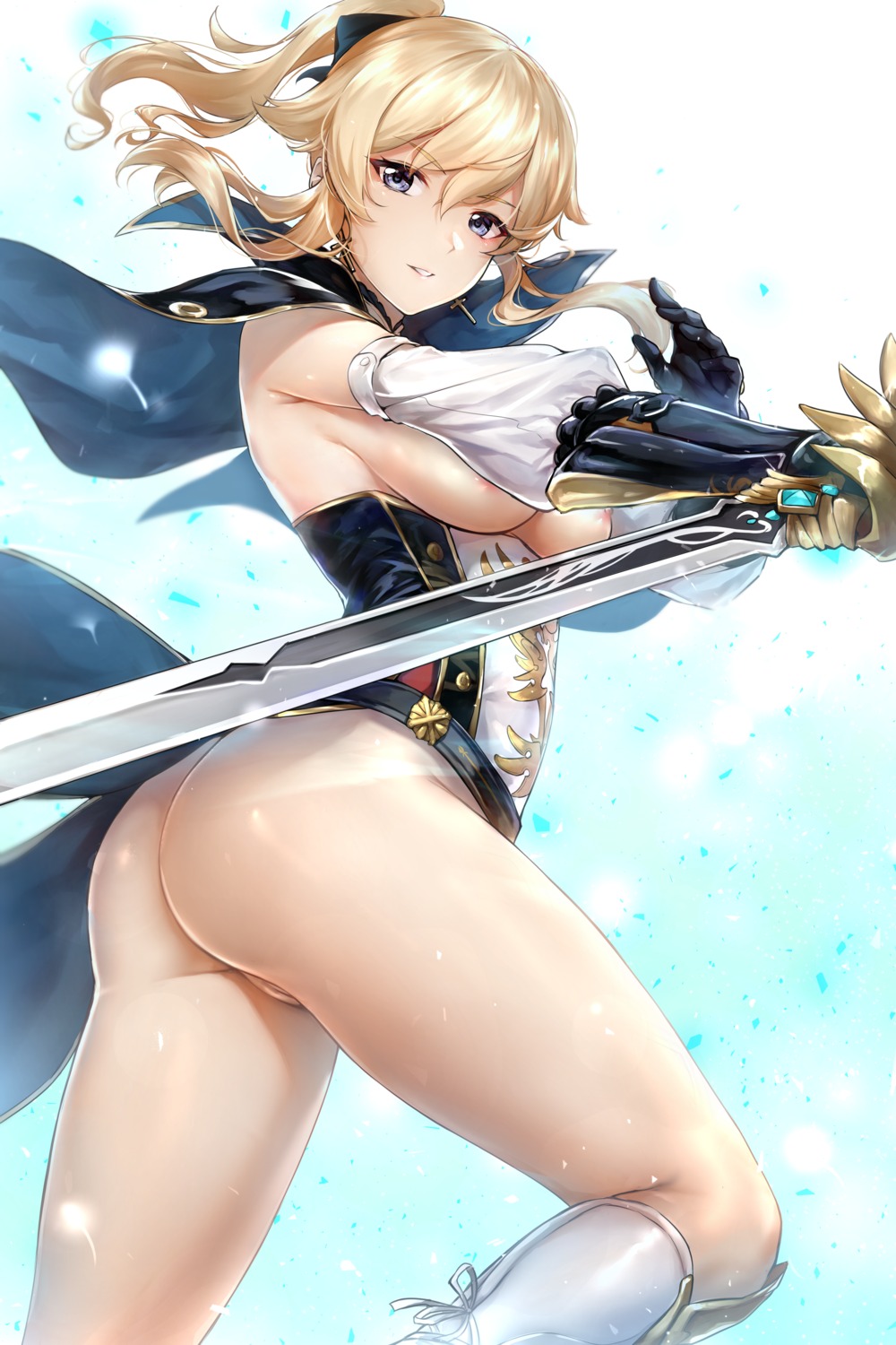 areola armor ass breasts genshin_impact jean_(genshin_impact) no_bra nopan pussy rei_kun sword uncensored