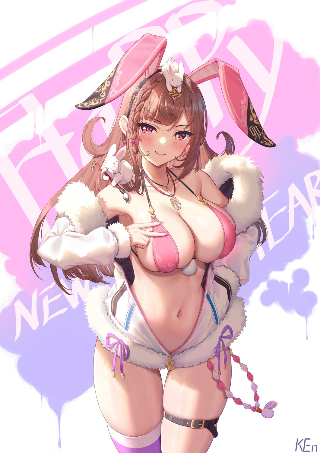 animal_ears bikini_top bunny_ears garter ken-san open_shirt swimsuits thighhighs