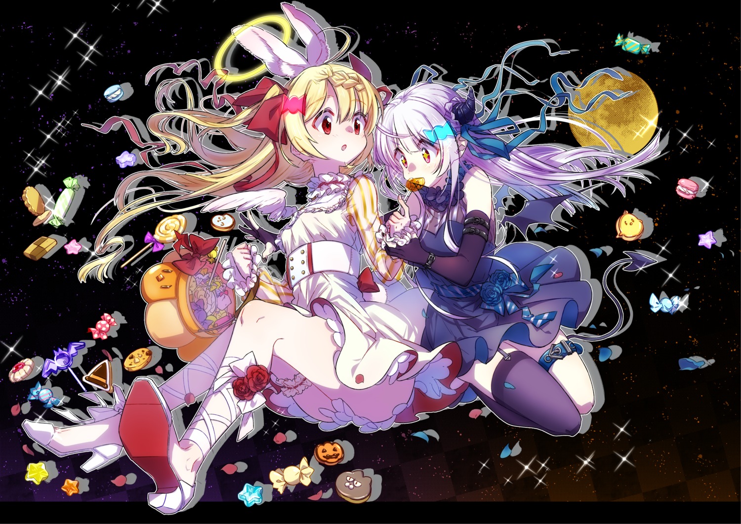 animal_ears azur_lane bunny_ears crescent_(azur_lane) cygnet_(azur_lane) garter gorillapanz halloween heels horns skirt_lift stockings thighhighs wings