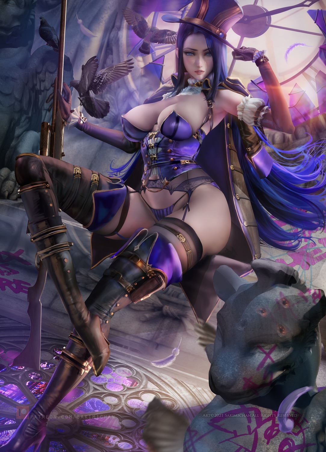 areola caitlyn garter garter_belt gun heels league_of_legends no_bra pantsu sakimichan shimapan stockings thighhighs