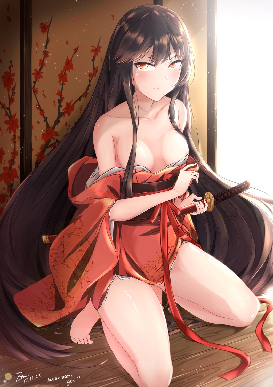 breasts fate/grand_order kimono no_bra oda_nobunaga_(fate) open_shirt sword zhishi_ge_fangzhang