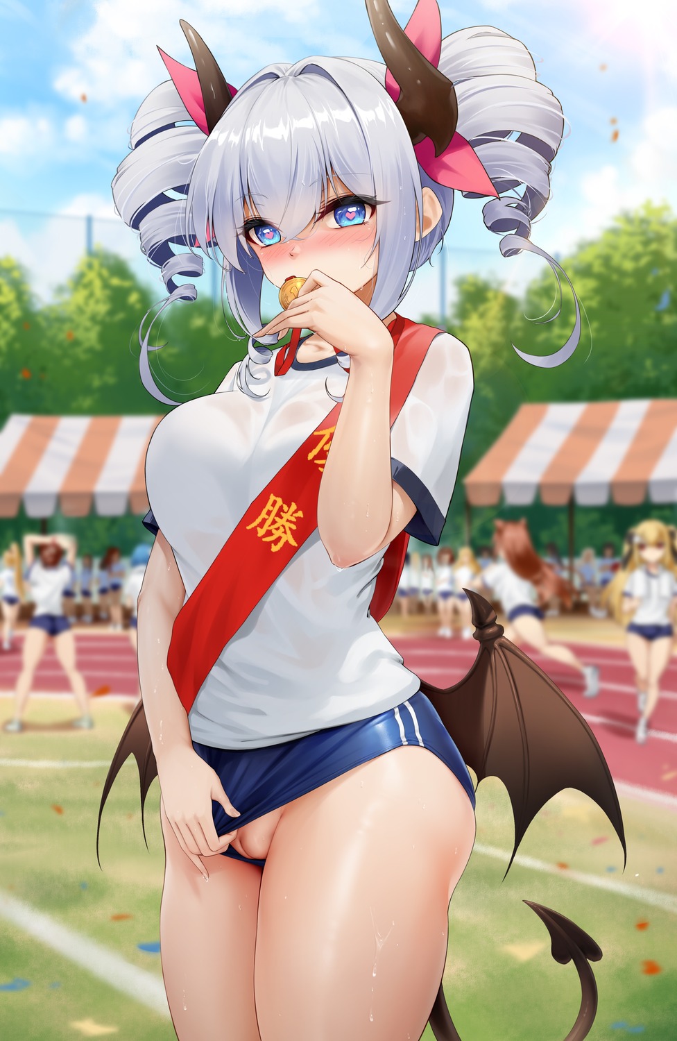 buruma devil gym_uniform horns kyoumaz niliu_chahui nopan pussy see_through shione tail uncensored wings