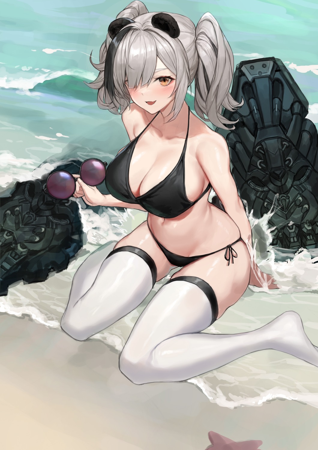 animal_ears arknights artist_revision bikini feater_(arknights) megane molyb swimsuits thighhighs wet