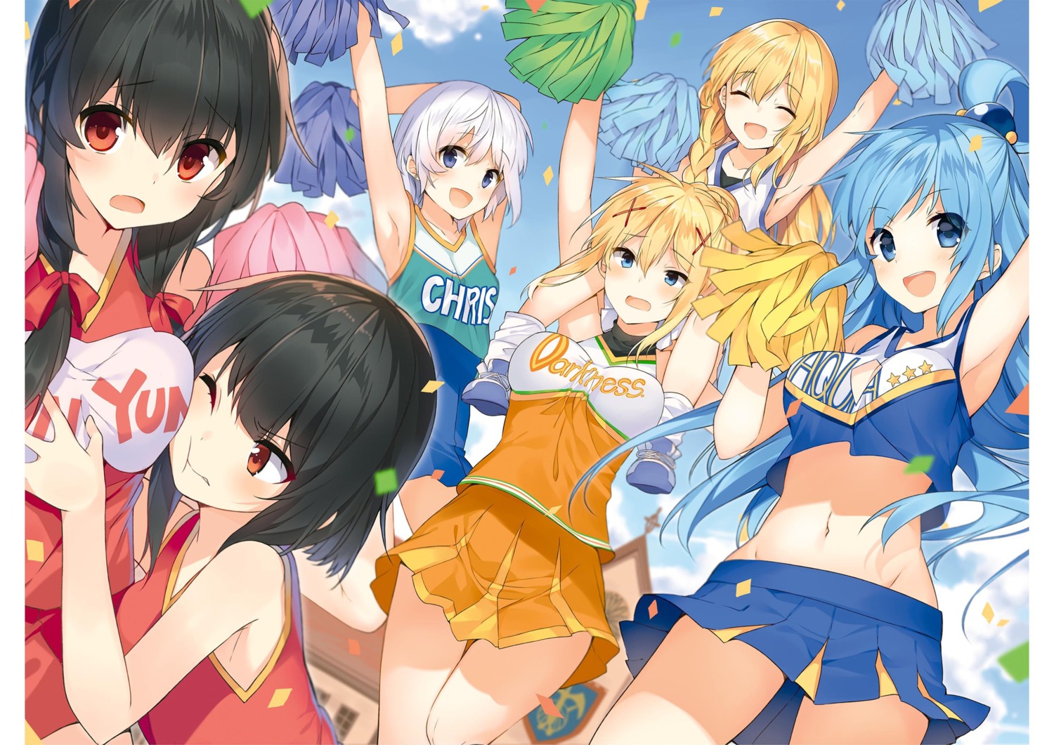 aqua_(kono_subarashii_sekai_ni_shukufuku_wo!) belzerg_stylish_sword_iris breast_grab cheerleader cleavage digital_version dustiness_ford_raratina eris_(kono_subarashii_sekai_ni_shukufuku_wo!) kono_subarashii_sekai_ni_shukufuku_wo! megumin mishima_kurone yunyun_(kono_subarashii_sekai_ni_shukufuku_wo!) yuri