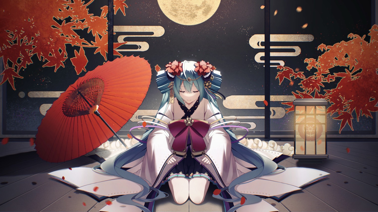 hatsune_miku japanese_clothes kanvien umbrella vocaloid