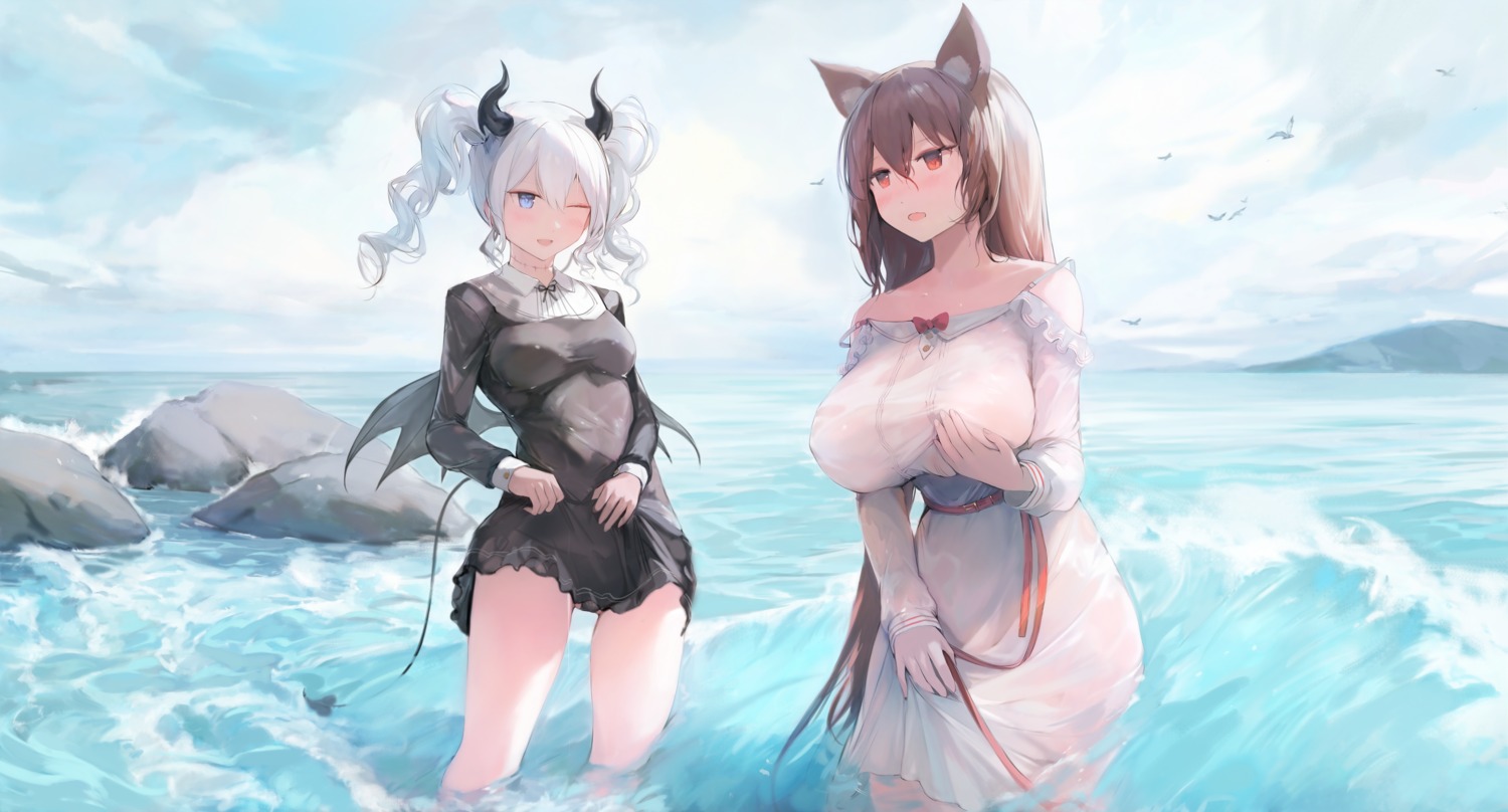 animal_ears breast_hold devil horns kurohanya niliu_chahui see_through shione tail wet wet_clothes wings